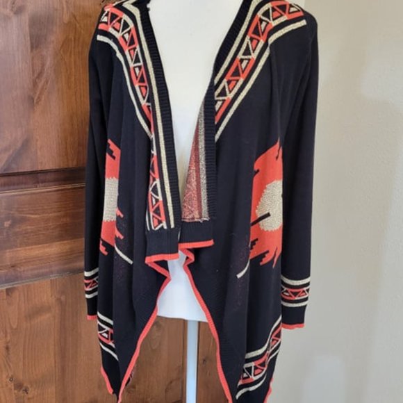 Hooked Up by IO Women'  Aztec Design Side Hi Low Open Long  Sleeve Cardigan M - Picture 2 of 12